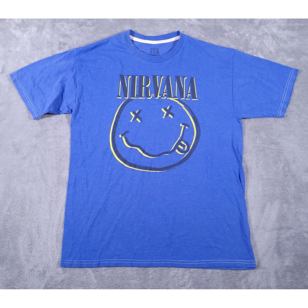 FEA Brand NIRVANA GraphicBlue  T Shirt Smiley Face Mens Large Soft Kurt Cobain‎